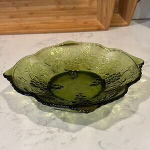 vintage Anchor Hocking green glass serving bowl raised grape leaf pattern